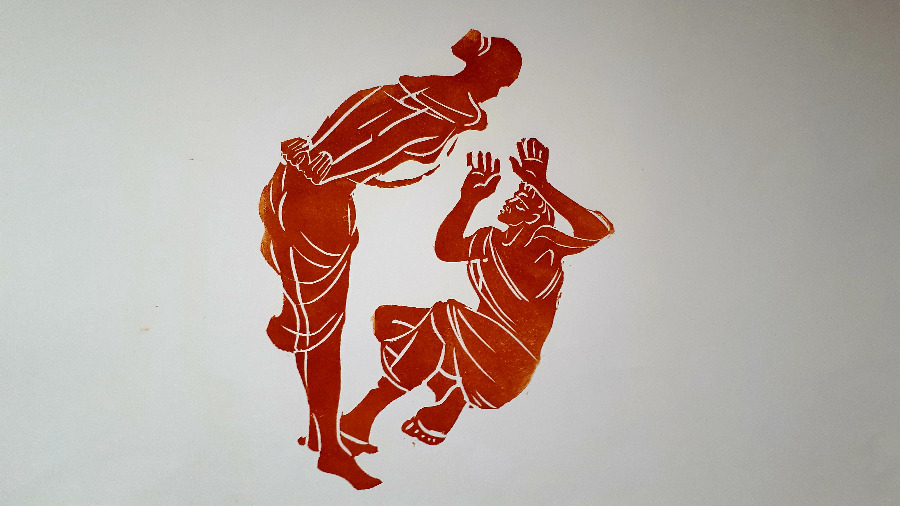 Erika Drumel, Diskussion, 50x70cm, Holzschnitt