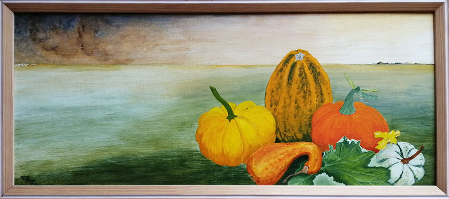 Ursula Illgner, Kürbis, 33x68 cm, Acryl auf Holz gerahmt