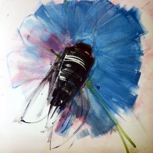 Arnold Kreuter, Biene auf Kornblume, 60x60cm gerahmt, Acryl auf Leinwand
