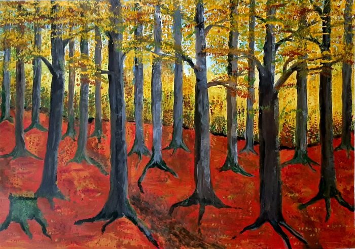 Ilse Menschick-Hartlieb, Buchenwald im Herbst, 63x83 gerahmt, Acryl auf Papier