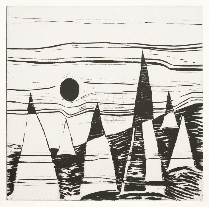 Ilse Menschick-Hartlieb, Nadelwald mit Mond, 67x67 cm, Holzschnitt