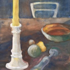 Luzie Pinkas, Tisch mit Kerze, 40x30cm, Guache