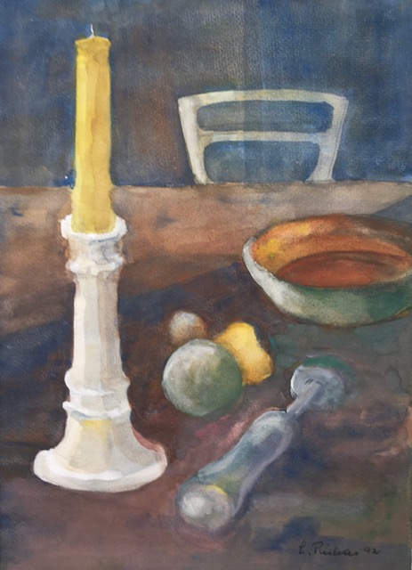 Luzie Pinkas, Tisch mit Kerze, 40x30cm, Guache