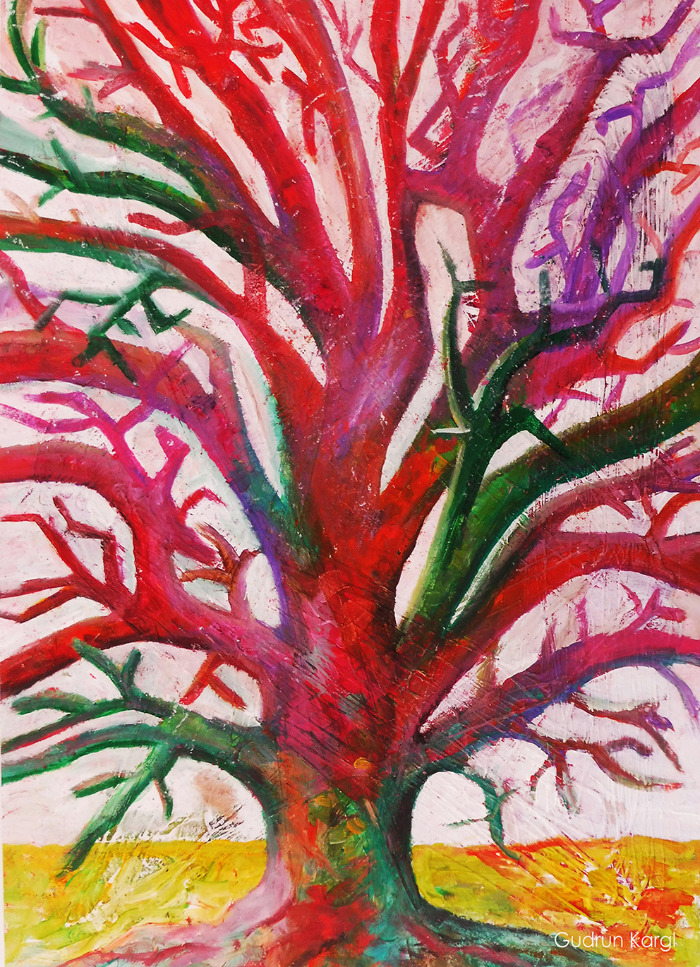 Gudrun Kargl, Neubeginn aus Baumpoesie, 70x90cm, Gouache mit Quellwasser auf Holz