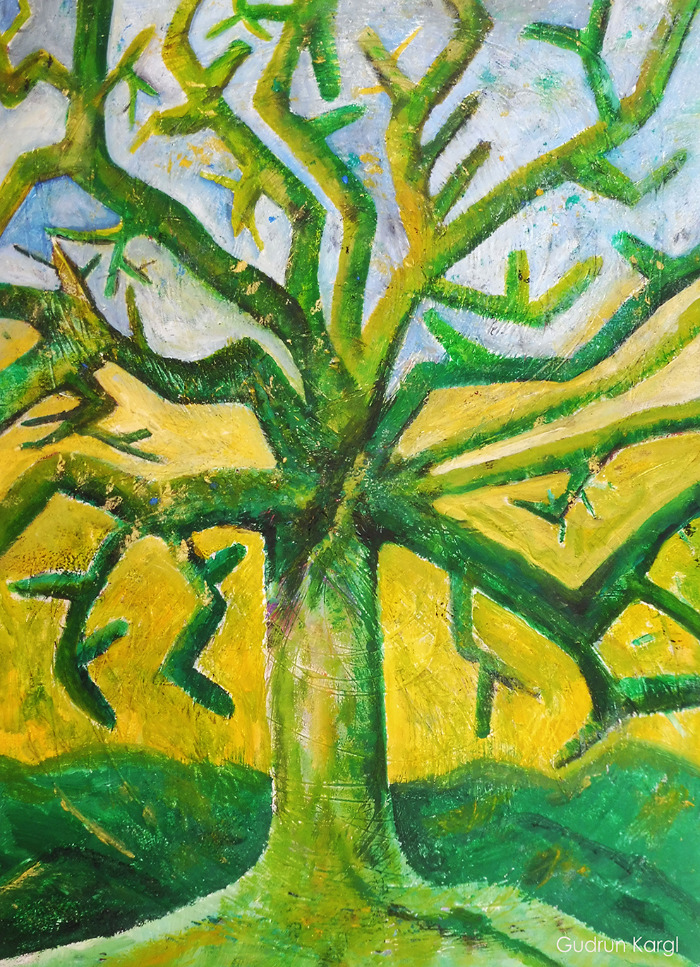 Gudrun Kargl, Vertrauen aus Baumpoesie, 70x90cm, Gouache mit Quellwasser auf Holz